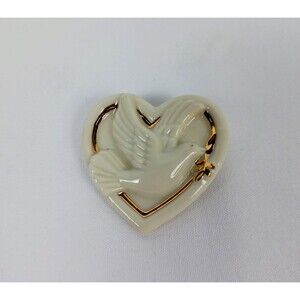 Vintage LENOX Heart Shaped White & Gold Porcelain Brooch Pin with Peace Dove